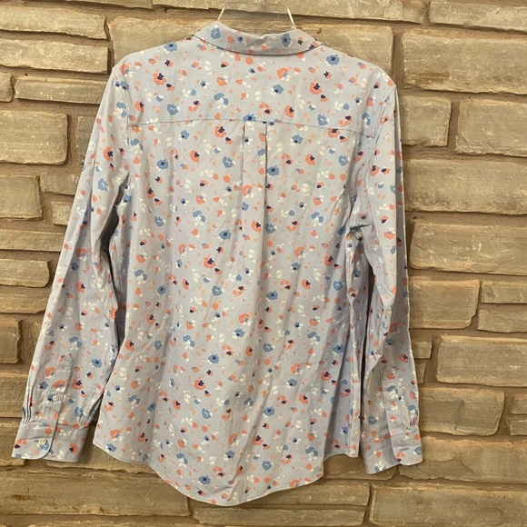 LL Bean Blue Floral Blouse Large Wrinkle Free Cotton Pinpoint Oxford Size L - Picture 10 of 13